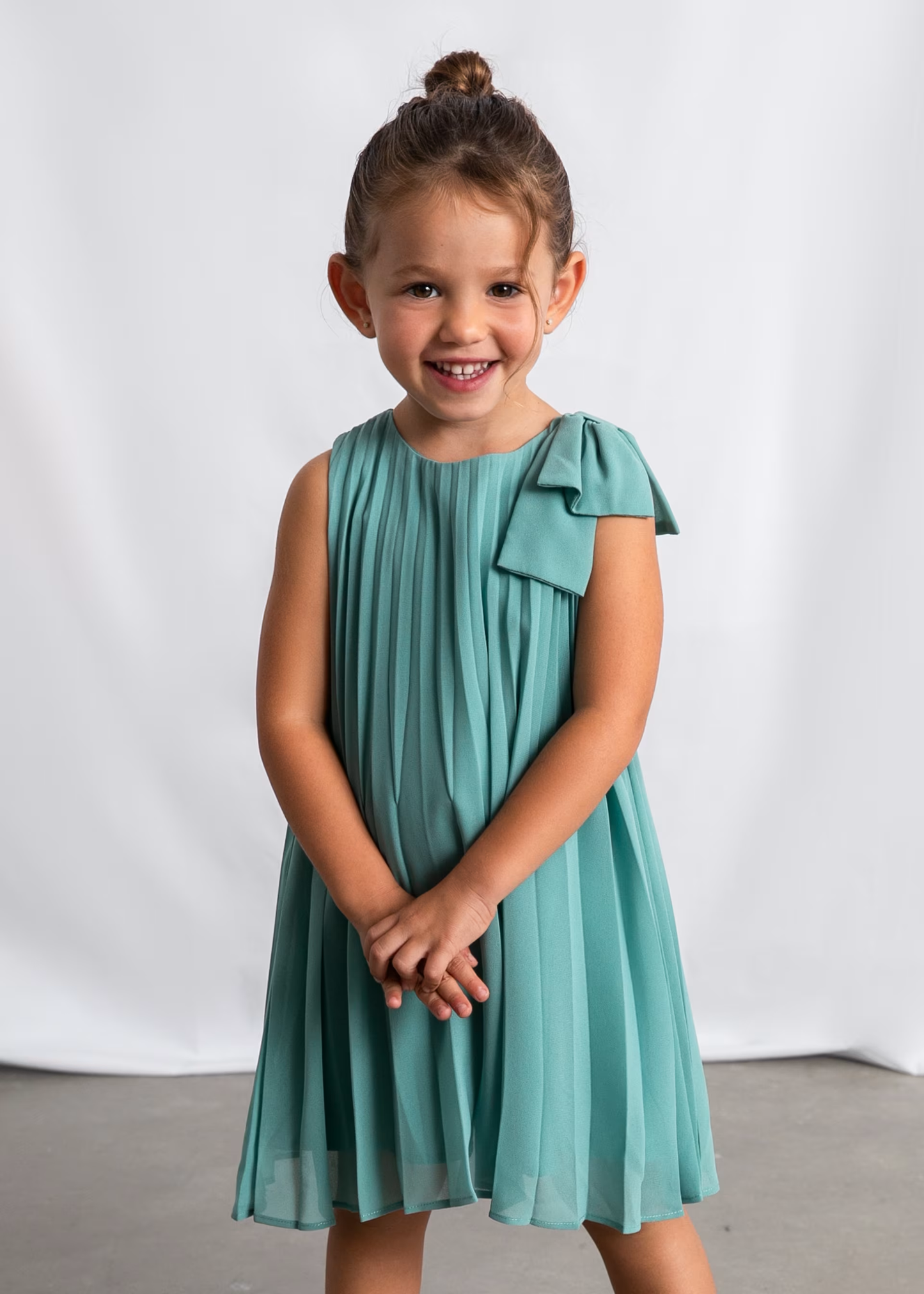 Girl Pleated Dress with Shoulder Bow - Mint