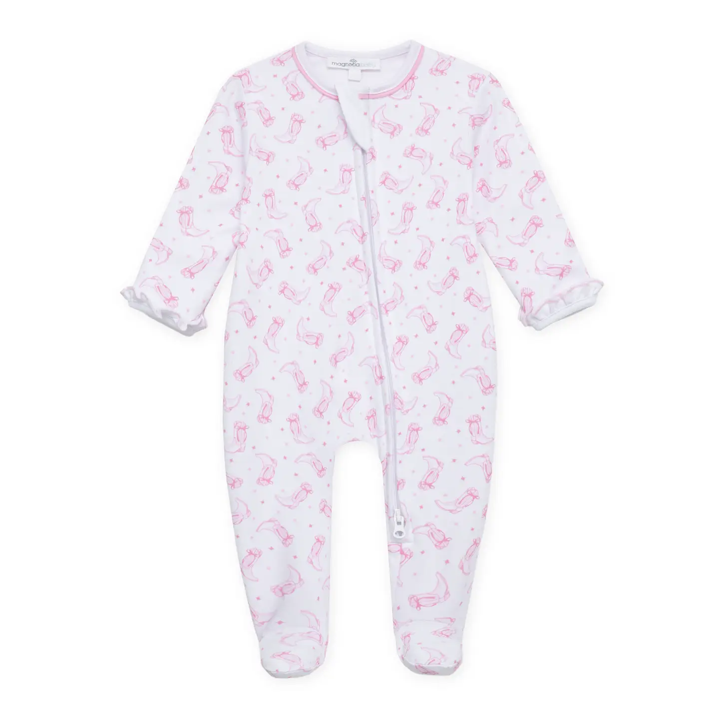 Darling Cowboy Boots Print Ruffle Zip Footie - Pink