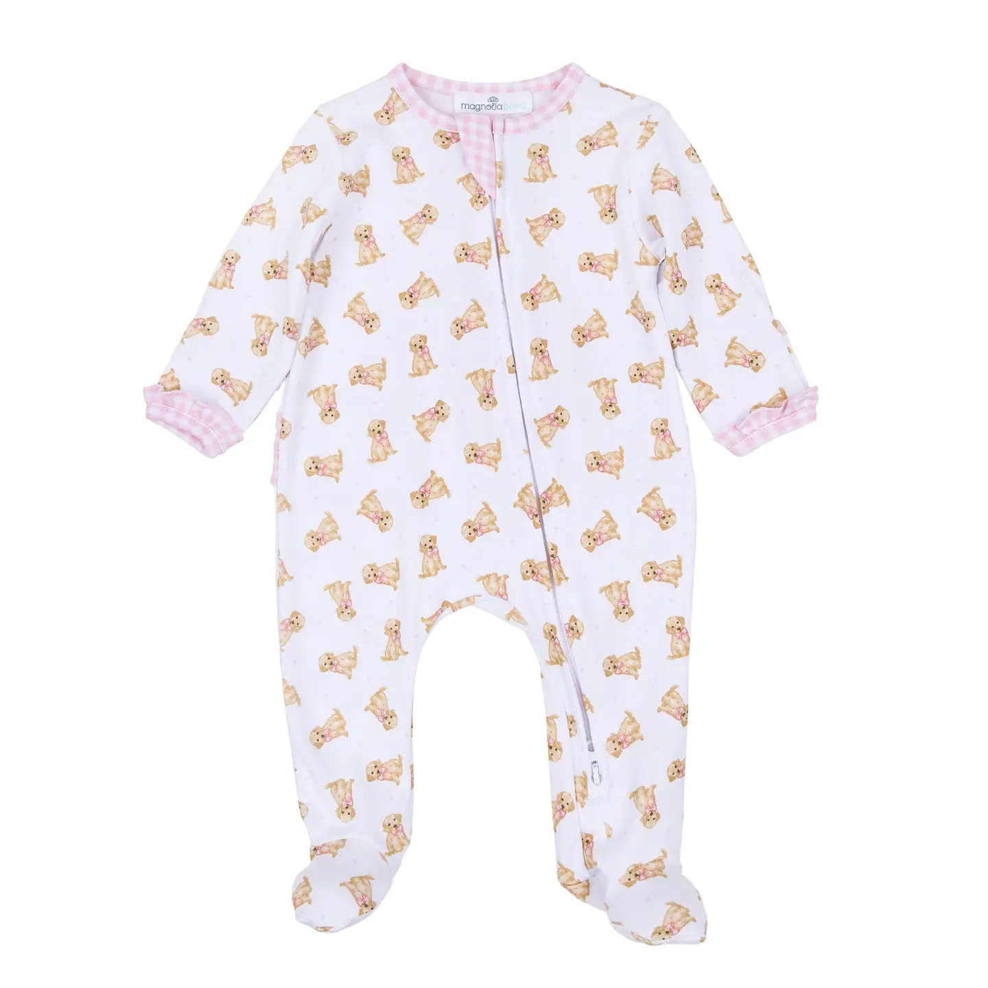 Sweet Golden Print Ruffle Zip Footie - Pink