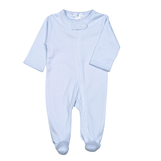 Blue Zipper Footie Blue Picot Trim