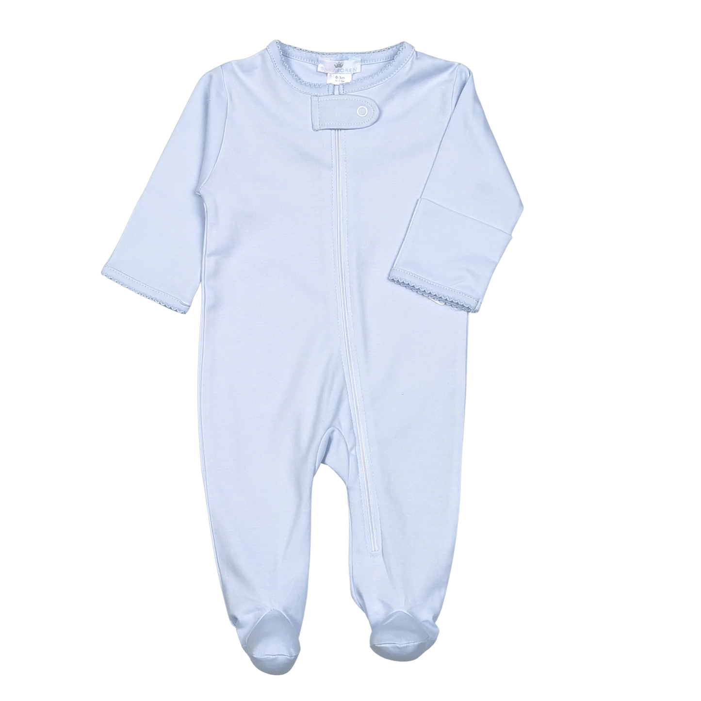 Blue Zipper Footie Blue Picot Trim