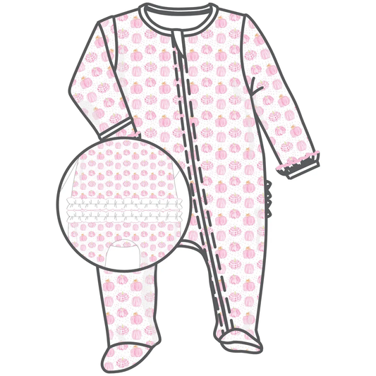 Precious Pumpkins Printed Ruffle Zipper Footie - Pink