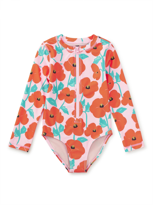 Long Sleeve One-Piece Swimsuit - Poppies