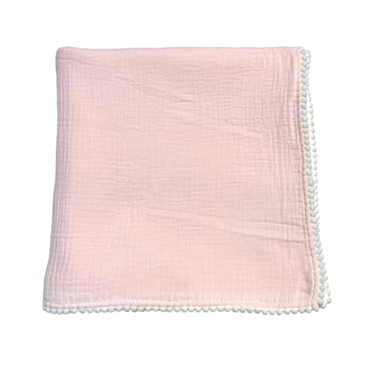 Swaddle Baby Blanket with Pompom Edge - Pink and White