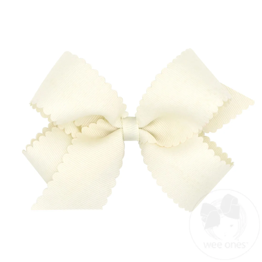 Medium Grosgrain Hair Bow with Scalloped Edge - Antique White