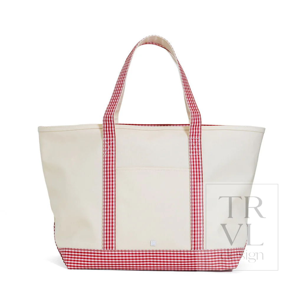 Maxi Tote - Coated Canvas Large Natural with Gingham Red Trim