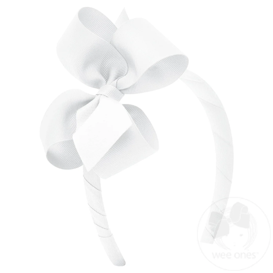 Medium Classic Grosgrain Girls Hair Bow on Headband - White