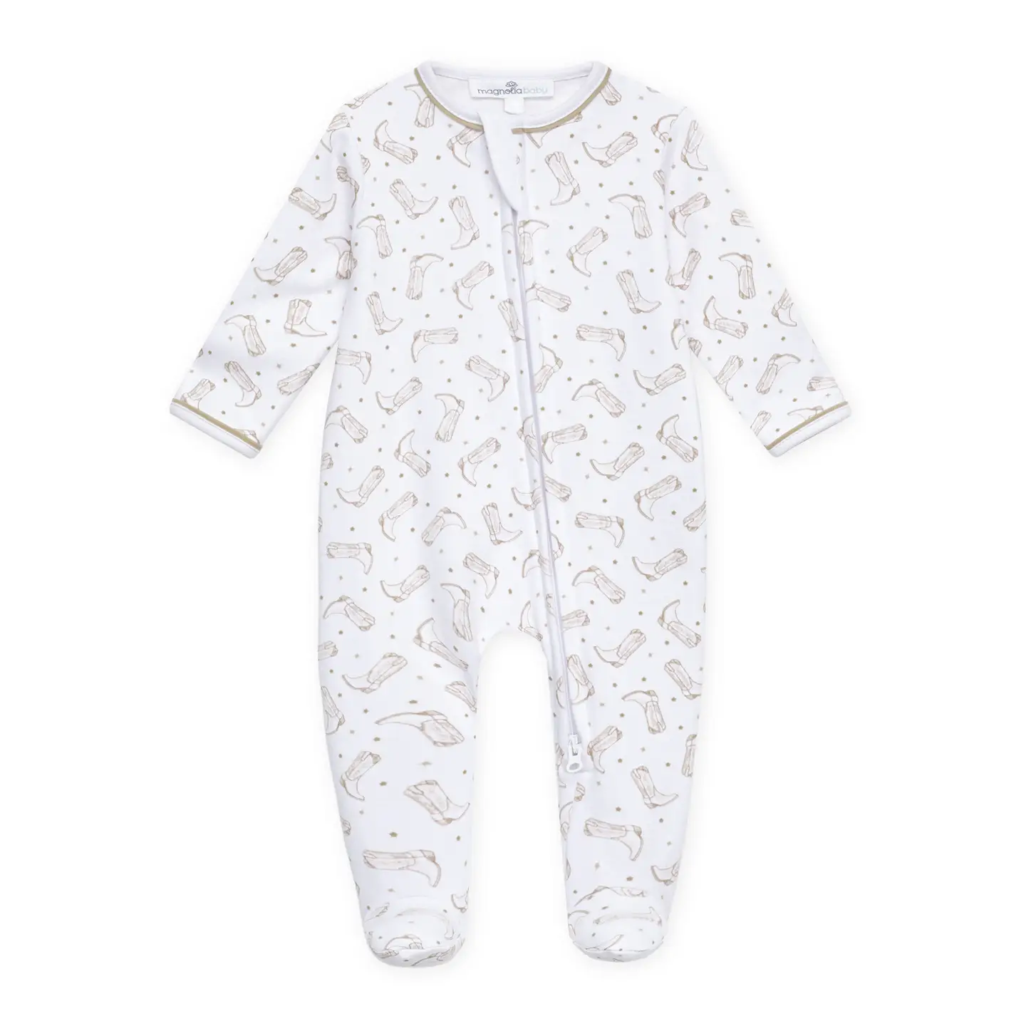 Darling Cowboy Boots Print Zip Footie - Ivory