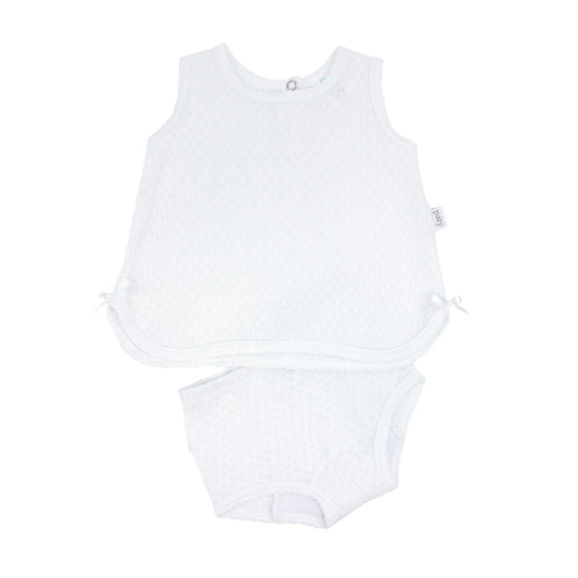 Paty Knit - 2 PC Sleeveless Diaper Set - White on White