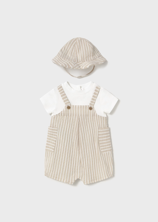 Newborn Striped Simulated Dungaree Romper with Hat - Root