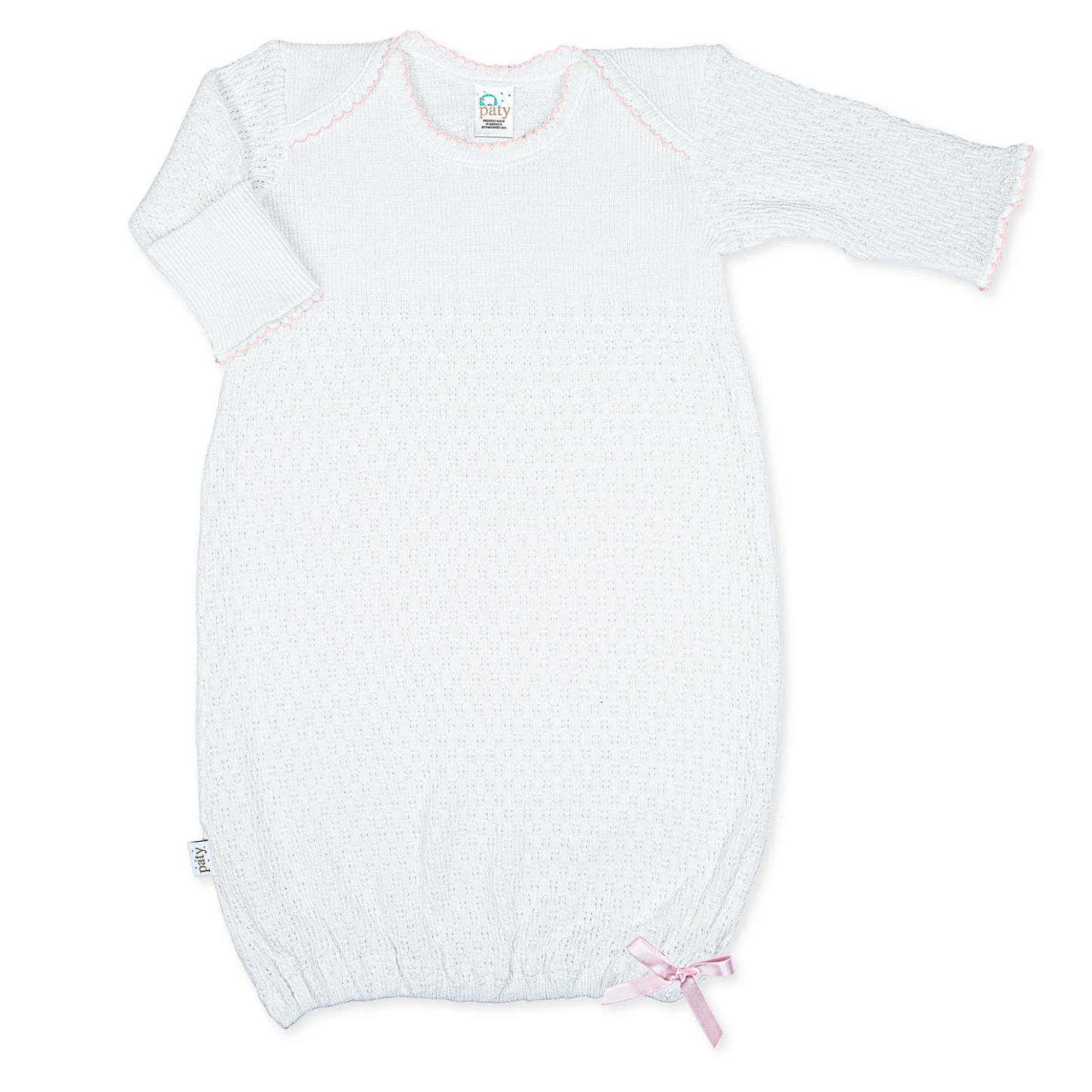 Paty Knit Overlap Shoulder Gown with Bow - White/Pink