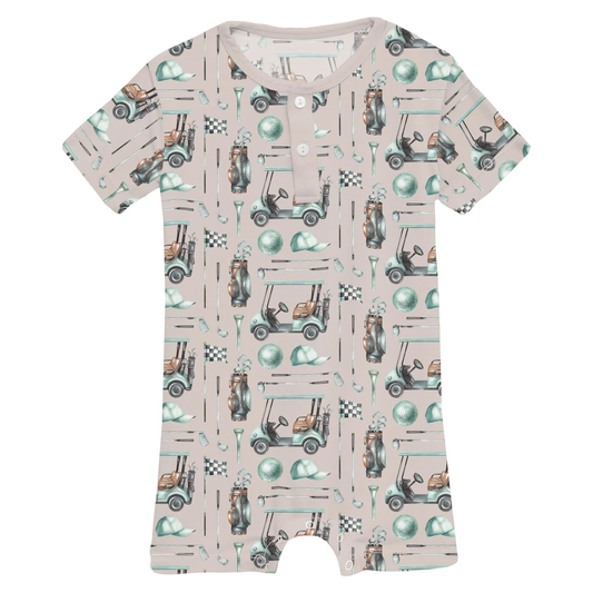 Print Short Sleeve Henley Romper in Latte Golf