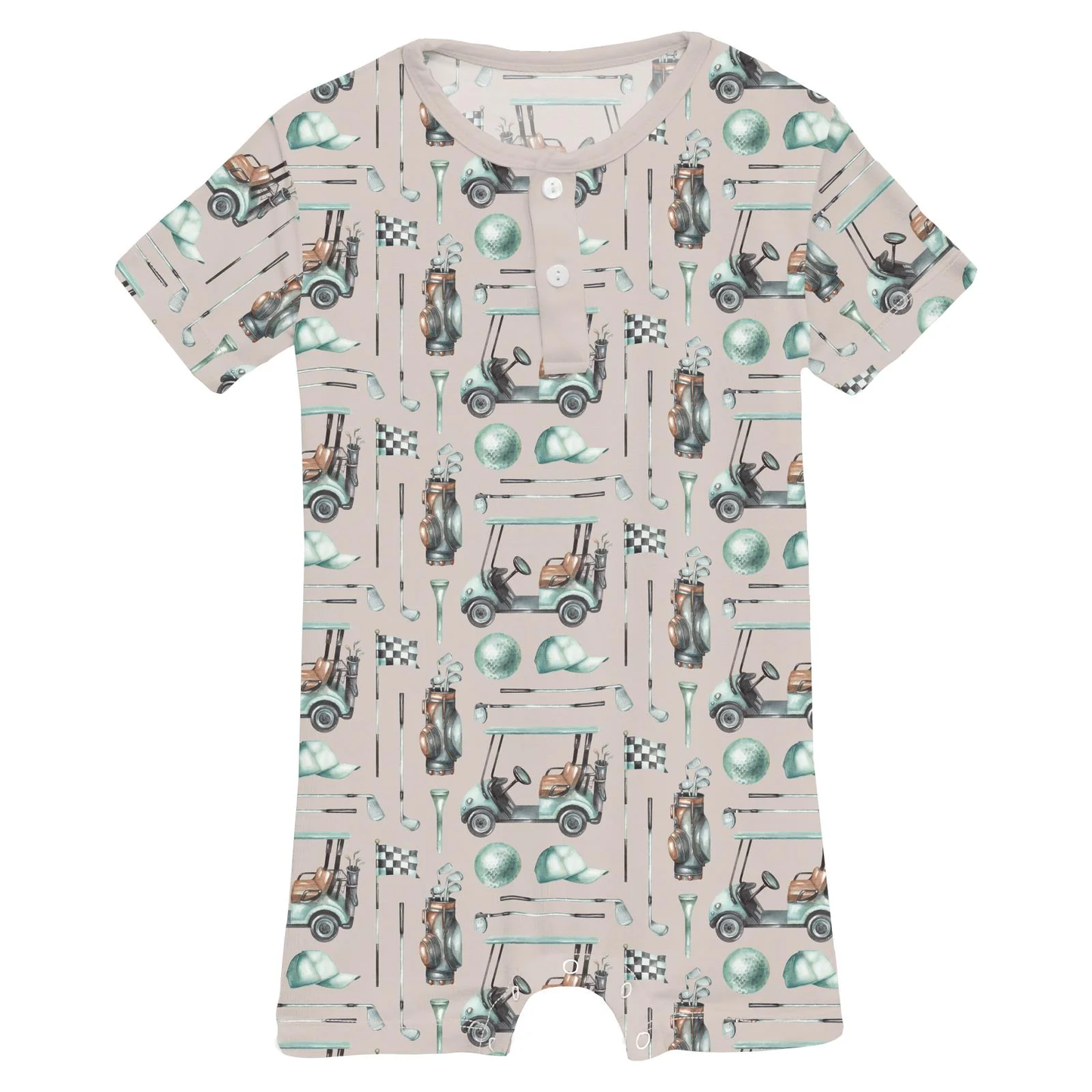 Print Short Sleeve Henley Romper in Latte Golf
