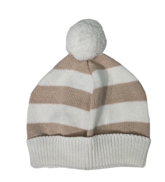 Cotton Striped Hat with Pompom - White and Oatmeal