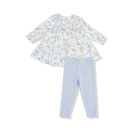 Sweet Rose Calico - Smocked Ruffle Long Sleeve Dress + Ribbed Leggings