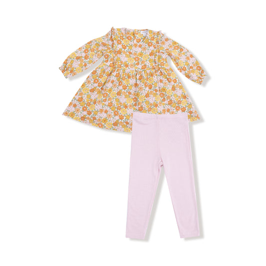 Sweet Amber Floral - Ruffle Long Sleeve Dress + Ribbed Leggings