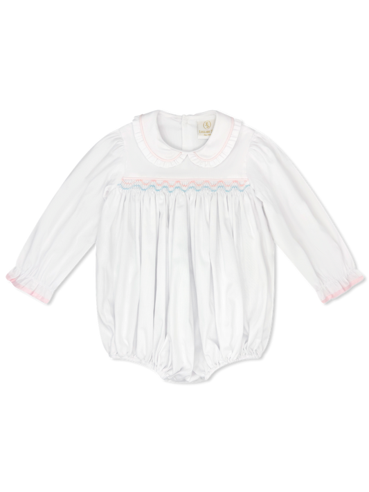 Michelle Bubble - Willow White Pique, Pink and Blue Smocking