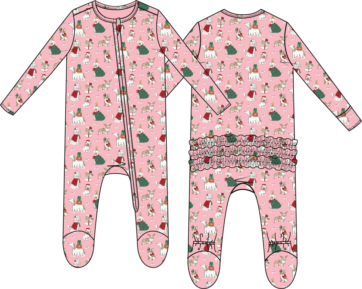 Christmas Dogs Pink - 2 Way Ruffle Back Zipper Footie