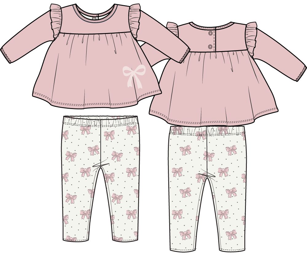Veiled Pink Bows - Long Sleeve Sweatshirt with Ruffles and Leggings