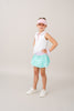 TOTALLY TURQUOISE IN ATHLEISURE WITH PETAL PURPLE WAISTBAND, AND COTTON CANDY PINK PIPING AND UNDERSHORT